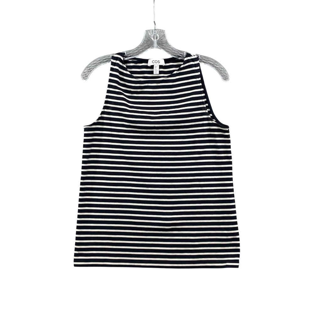COS Tank Top Women's Medium Navy‎ Blue White Striped Cotton Sleeveless Crew Neck